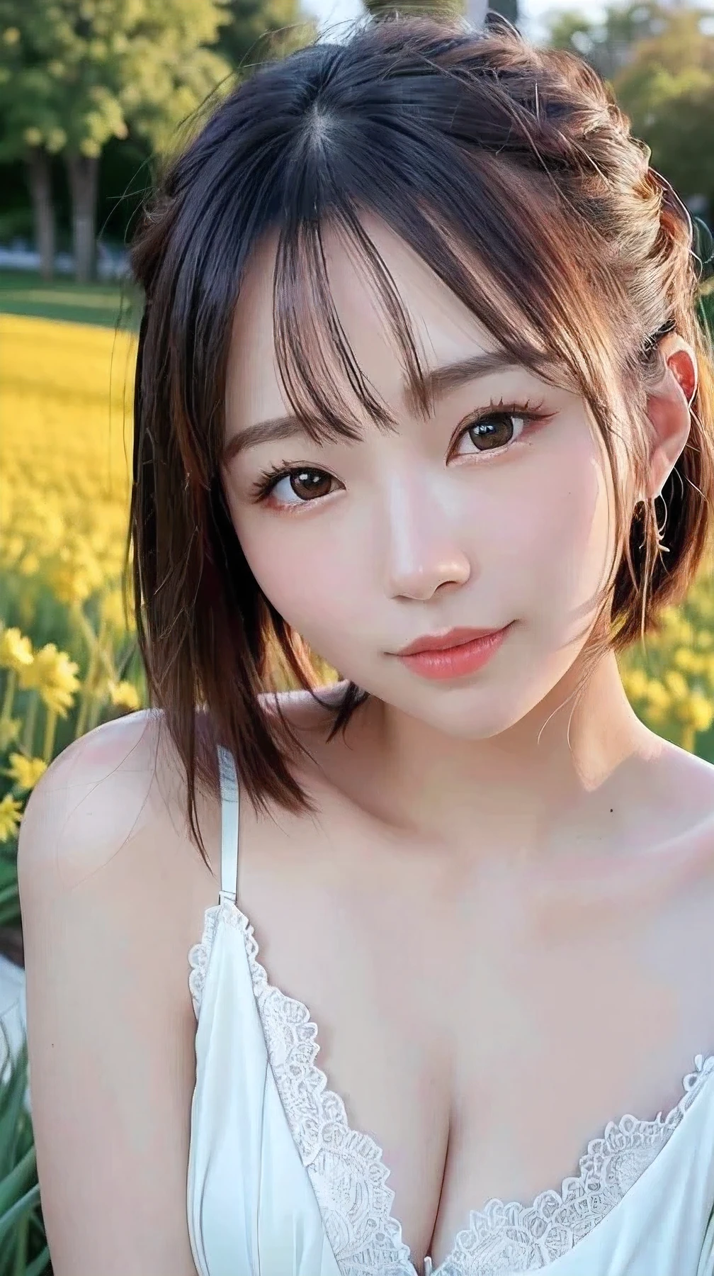(Tabletop、Highest quality、8k、Award-winning works、Ultra-high resolution)、One Mature Woman、 (The most elegant and beautiful spring clothes:1.1)、(Background of a flower field with countless blooming flowers:1.1)、(The background is a colorful flower field:1.1)、(Perfect Anatomy:1.1)、Face close-up、Shiny and beautiful hair、Ultra HD sparkling brown eyes、(Glowing Beautiful Skin:1.1)、(Very Bright Glowing Beautiful Skin:1.1)、Beautiful glossy lips、The most romantic love mood(very bright and vivid:1.1)、(very bright and vivid:1.1)