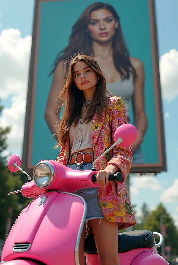 Realistic teenager designer with brown hair wearing colourful crazy outfit on a pink scooter standing in front of a billboard with her favorite designer of all time dreaming of becoming like her.
