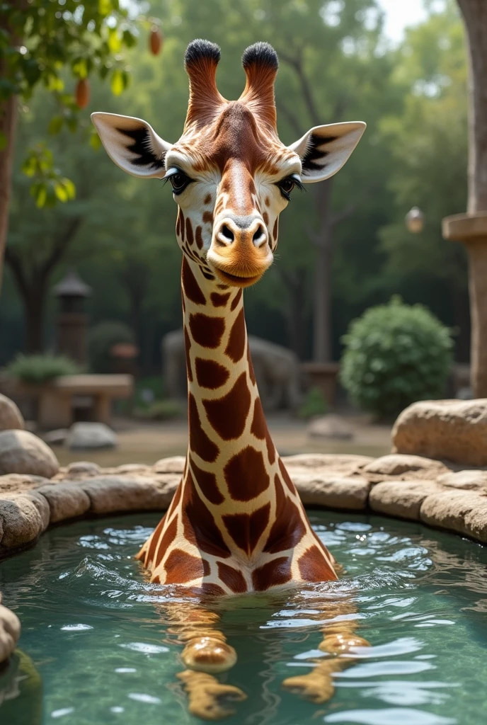 giraffe in a hot tub in.a zoo as if it were part of the scenery and with a Disney style