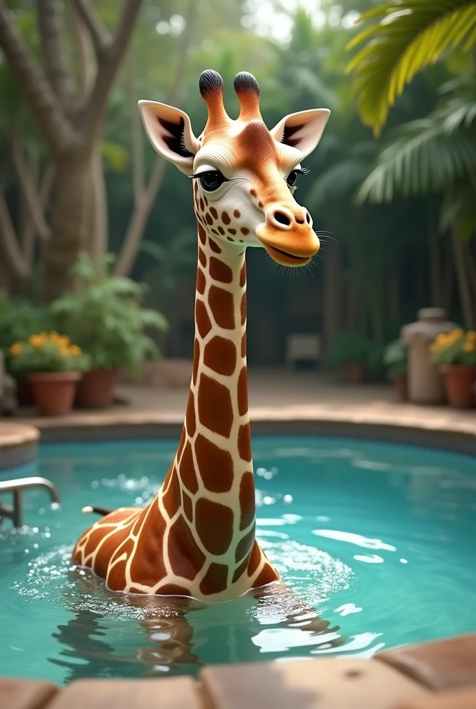 giraffe in a hot tub in.a zoo as if it were part of the scenery and with a Disney style