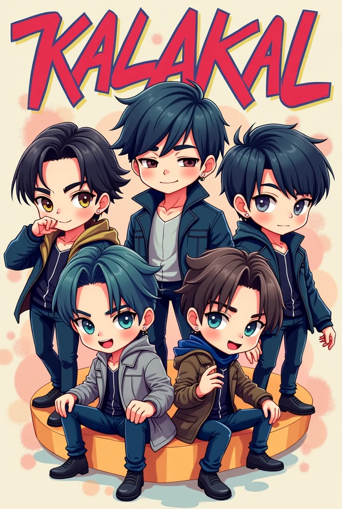 Generate a Chibi image of the word "KALAKAL" with 5 handsome cool men(their outfit should be like an idol) and 1 man is in the center(different faces)
