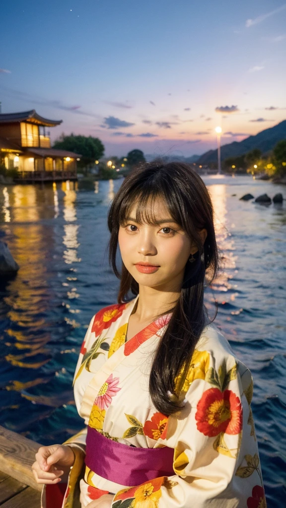 Masterpiece, best quality, ultra high resolution, hyper realistic, realistic, (photorealistic:1.4), masterpiece of analog film photograph a girl, long black hair, blunt bangs, taken by Hideaki Hamada using Pentax 67II and Kodak Portra, standing by a riverside at night, watching fireworks, She is dressed in a traditional, elegant yukata with a floral pattern and an obi sash, The background shows colorful fireworks lighting up the night sky, reflections on the water, and people in the background enjoying the festival, High-resolution, realistic depiction, with a touch of elegance and allure, pov, selfie