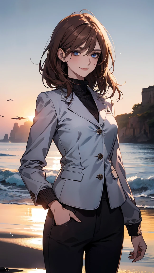 (Highest quality,High resolution,Very detailed),1 girl, Beautiful and elegant light blue eyes, Brown Hair, Cold Smile,Bob Hair, Jacket,skinny pants, Mature Woman, Age 26,Cruel smile, Calm and Calm, Slim figure, Pale complexion, thin, Calm,Small breasts, secretary,Seaside at dawn
