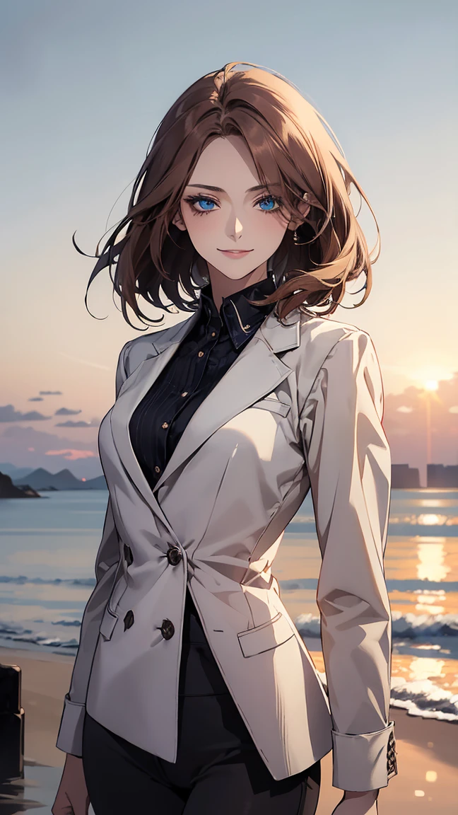(Highest quality,High resolution,Very detailed),1 girl, Beautiful and elegant light blue eyes, Brown Hair, Cold Smile,Bob Hair, Jacket,skinny pants, Mature Woman, Age 26,Cruel smile, Calm and Calm, Slim figure, Pale complexion, thin, Calm,Small breasts, secretary,Seaside at dawn

