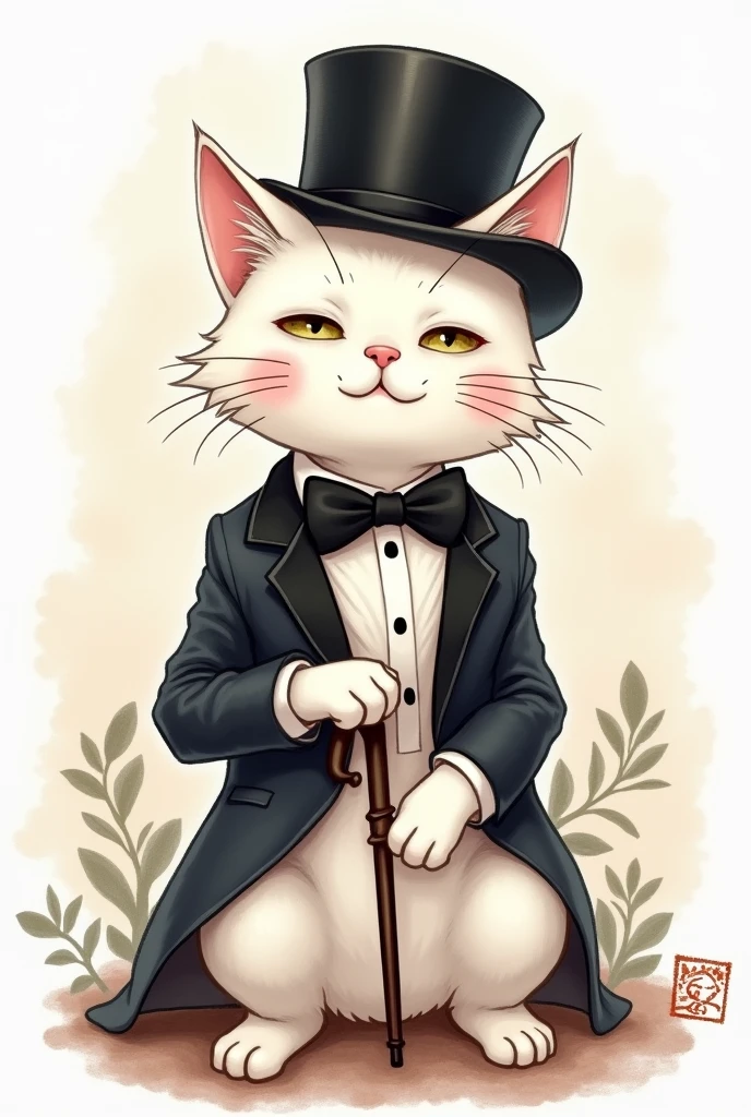 White cat silk hat A bow tie anime Watercolor sit Black Suit Cane gentleman Deformation