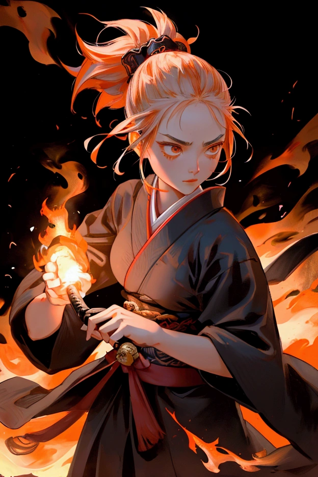 A beautiful, fierce girl with a determined expression stands in a traditional samurai pose, her flowing kimono catching the light of the flames that surround her. Her hair is tied back in a traditional topknot, and she holds a katana in one hand, with fiery embers swirling around her. The scene is set in front of an ancient Japanese temple, with the wooden structure partially obscured by the intense, blazing fire. Her presence exudes strength and resilience, with the flames reflecting her inner power. The atmosphere is dramatic and intense, with glowing sparks and fiery light casting an otherworldly glow, preserving the original samurai and fire-wielder theme.