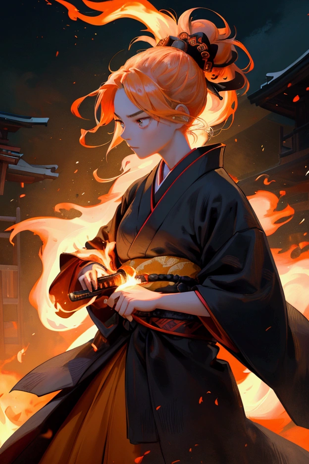 A beautiful, fierce girl with a determined expression stands in a traditional samurai pose, her flowing kimono catching the light of the flames that surround her. Her hair is tied back in a traditional topknot, and she holds a katana in one hand, with fiery embers swirling around her. The scene is set in front of an ancient Japanese temple, with the wooden structure partially obscured by the intense, blazing fire. Her presence exudes strength and resilience, with the flames reflecting her inner power. The atmosphere is dramatic and intense, with glowing sparks and fiery light casting an otherworldly glow, preserving the original samurai and fire-wielder theme.