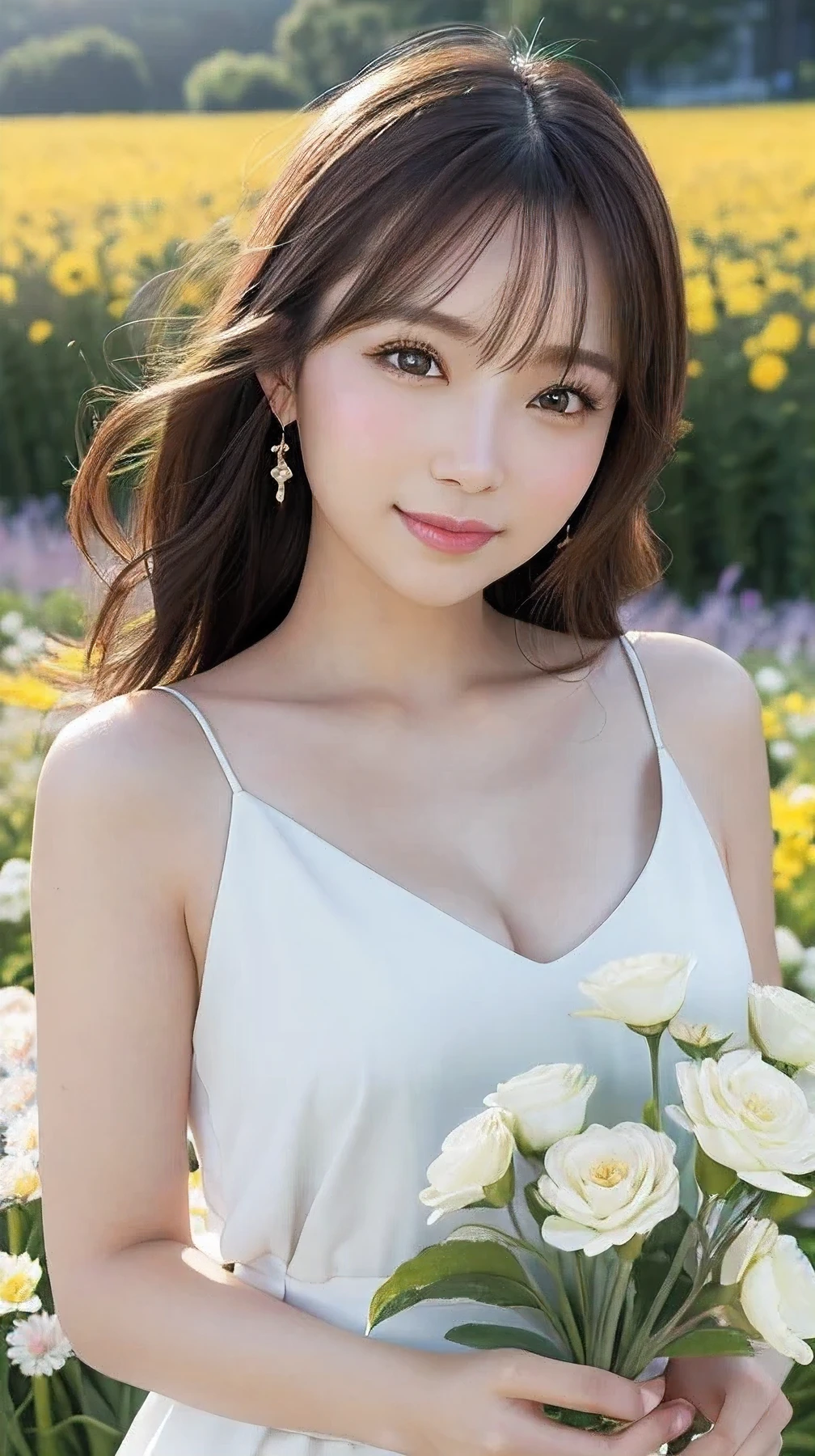 (Tabletop、Highest quality、8k、Award-winning works、Ultra-high resolution)、One Mature Woman、 (The most elegant and beautiful spring clothes:1.1)、(Background of a flower field with countless blooming flowers:1.1)、(The background is a colorful flower field:1.1)、(Perfect Anatomy:1.1)、Face close-up、Shiny and beautiful hair、Ultra HD sparkling brown eyes、(Glowing Beautiful Skin:1.1)、(Very Bright Glowing Beautiful Skin:1.1)、Beautiful glossy lips、The most romantic love mood(very bright and vivid:1.1)、(very bright and vivid:1.1)