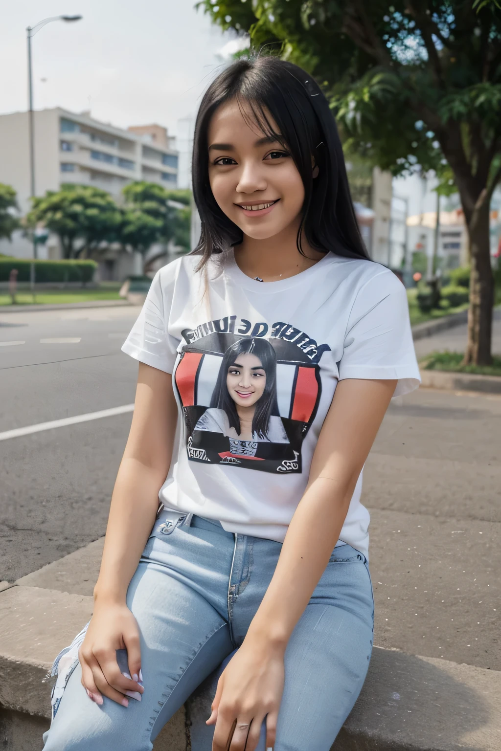 22 years old, girl, white stripes t-shirt, blue skinny jeans, black hair, indonesian girl, smile, with sneaker, university