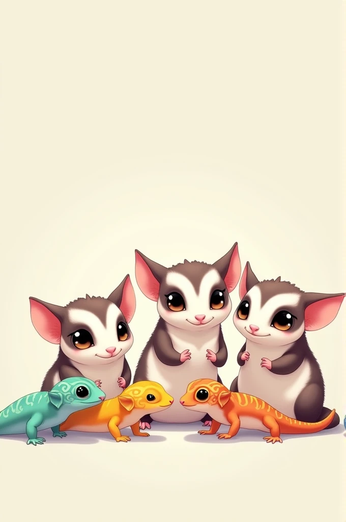 4 white face sugar gliders with 2 gecko, clean background, anime characters, suitable for desktop background 