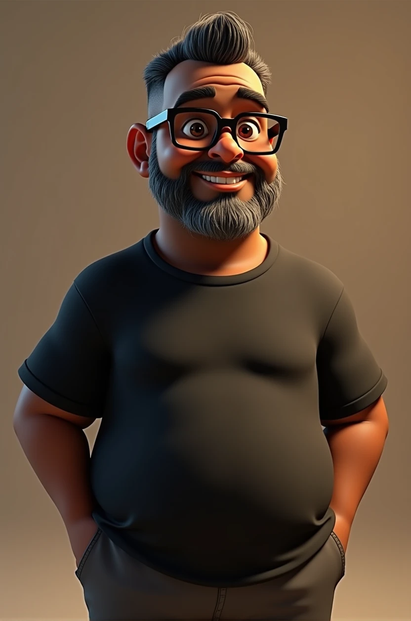Cartoon character of a middle-aged black man with short hair pinned behind, wearing black glasses. Stylized character, animation style rendering, 3D stylized, Arnold Maya render, 3D stylized render, toon render Keyshot, 3D character, 3D stylized rendering, cartoon character, character close-up, character pose, Pixar style, high quality, cinematic lighting, sharp focus, detailed texture, detailed skin, clay, bokeh, 8K. The man should have the following characteristics: Middle-aged man with a large, slightly overweight build, hands casually relaxed. His skin tone is dark brown with a warm undertone. He has two prominent vertical wrinkles between his eyebrows. His beard has white hairs on the chin while the rest of the beard is black and gray. His hair is shaved on the sides and short on top, styled to the side. He wears modern black glasses. His eyebrows are thick and well-defined, and his eyes are brown, conveying warmth and friendliness. The man is dressed in an oversized black t-shirt and dark gray pants without a belt. Incorporate the following ancestry characteristics: 43% European (17% Iberian and 17% Western European, including Germany, France, and the Netherlands), 4% Sephardic Jewish, 3% Fennoscandian, less than 2% Balkan and Lapland and Volga-Ural, 41% from the Americas, 9% from the Middle East and Maghreb, and 7% from Africa.
Seed
2701275594