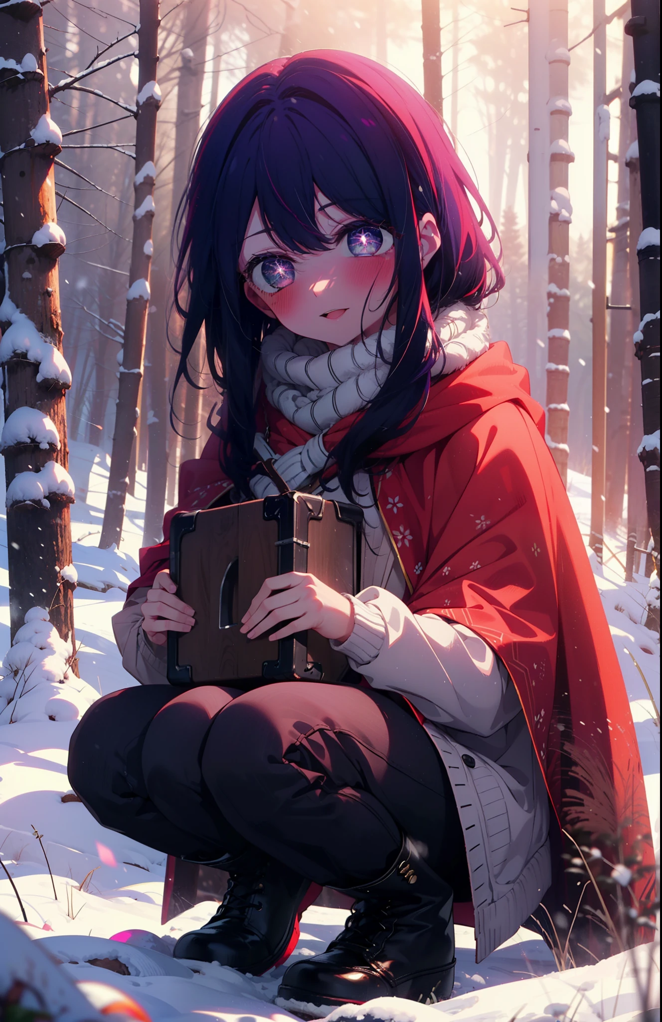 aihoshino, Ai Hoshino, Long Hair, bangs, (Purple eyes:1.1), Purple Hair, (Symbol-shaped pupil:1.5), smile,,smile,blush,white breath,
Open your mouth,snow,Ground bonfire, Outdoor, boots, snowing, From the side, wood, suitcase, Cape, Blurred, , forest, White handbag, nature,  Squat, Mouth closed, Cape, winter, Written boundary depth, Black shoes, red Cape break looking at viewer, Upper Body, whole body, break Outdoor, forest, nature, break (masterpiece:1.2), Highest quality, High resolution, unity 8k wallpaper, (shape:0.8), (Beautiful and beautiful eyes:1.6), Highly detailed face, Perfect lighting, Extremely detailed CG, (Perfect hands, Perfect Anatomy),