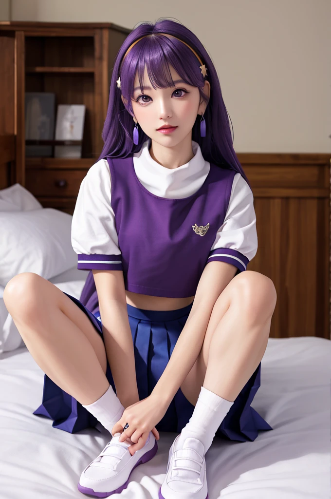 masterpiece, best quality, high resolution, Yes 1, Purple Hair, Long hair, scarf, Long hair, necklace, earrings, Sailor Suit, Uniforms, Crop Top, White socks, White shoes, Pleated Skirt, Large target , Fluffy short sleeves, White sleeves, White wristband, whole body, bedroom, Large target Bed, Sit cross-legged, Cross your legs, View below