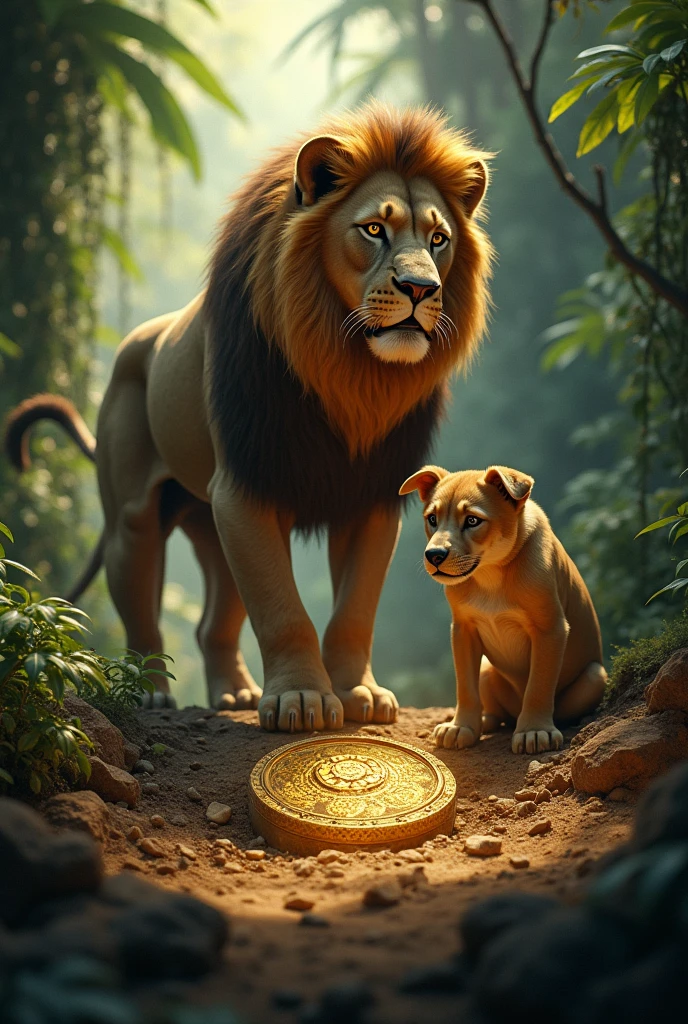 A lion and a dog finding a treasure in the Amazon 