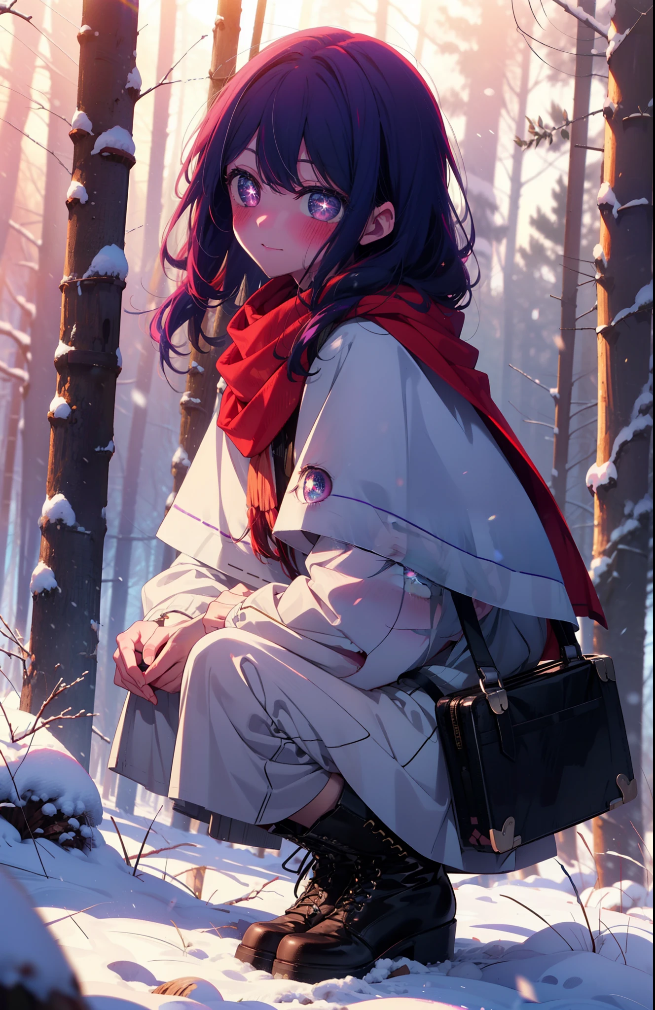 aihoshino, Ai Hoshino, Long Hair, bangs, (Purple eyes:1.1), Purple Hair, (Symbol-shaped pupil:1.5), smile,,smile,blush,white breath,
Open your mouth,snow,Ground bonfire, Outdoor, boots, snowing, From the side, wood, suitcase, Cape, Blurred, , forest, White handbag, nature,  Squat, Mouth closed, Cape, winter, Written boundary depth, Black shoes, red Cape break looking at viewer, Upper Body, whole body, break Outdoor, forest, nature, break (masterpiece:1.2), Highest quality, High resolution, unity 8k wallpaper, (shape:0.8), (Beautiful and beautiful eyes:1.6), Highly detailed face, Perfect lighting, Extremely detailed CG, (Perfect hands, Perfect Anatomy),