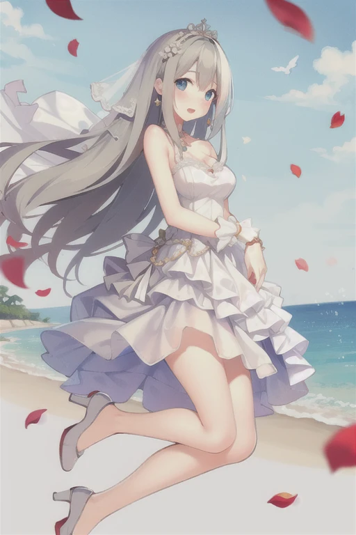 Vittorio_Veneto \(warship girls r\),((masterpiece)),(((best quality))),((ultra-detailed)),((illustration)),((disheveled hair)),((frills)),(1 girl),(solo),1girl,bangs,blue sky,blush,bridal veil,cherry blossoms,cloud,cloudy sky,confetti,day,dress,earrings,eyebrows visible through hair,falling petals,flower,hair between eyes,hair ornament,high heels,jewelry,leaves in wind,short hair,looking at viewer,looking back,ocean,open mouth,outdoors,petals,petals on liquid,ponytail,red eyes,rose petals,shoes removed,sidelocks,silver hair,single shoe,sky,soles,solo,splashing,tiara,tree,underwear,veil,water,wedding dress,white dress,Rating:safe,foreshortening,Red eyes with highlights,White short hair(delicate eyes),twintails,