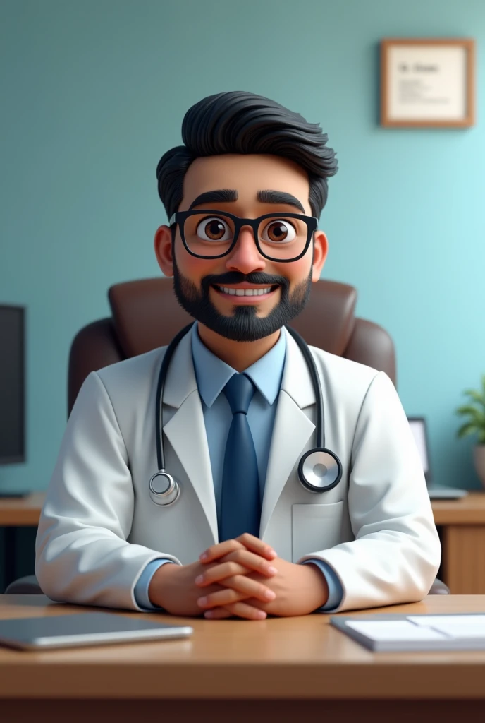 there is a indian man sitting at a desk with a stethoscope, doctor, realistic 3d style,There is a small board above the table and on it is written  "Dr.Usama"  medical doctor, wearing lab coat and a blouse, for hire 3d artist, wearing lab coat and glasses, (doctor), official fanart, 3d realistic, fanart, range murata and artgerm, with a lab coat,
