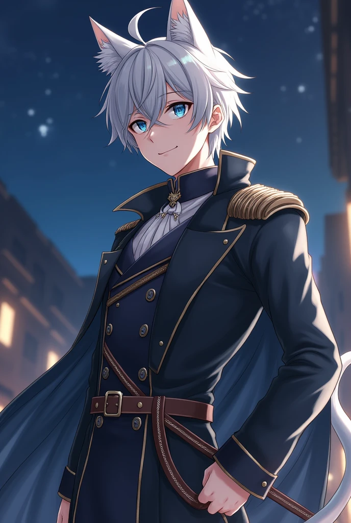 beautiful, insanely detailed, best quality, absurdres, male, gunblade user, delightful, grinning, sword fighting, looking at viewer, short hair, silver hair, odd eyes, sanpaku, fair skin, tall, slender, coat, military uniform, armor, belt, with a bandage, with a sword, with cat ears, cat tail, adult, 20-year-old, outside, at night, full body shot, on right, from front