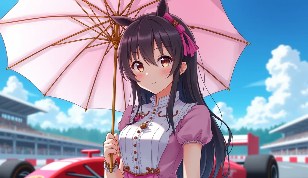 F1 Race Circuit。One young Japanese race queen。Standing with a parasol in front of a race car。The costume you're wearing、separate。I have a bangle on my arm。Background、Sparkling in the summer sun。Anime Style。