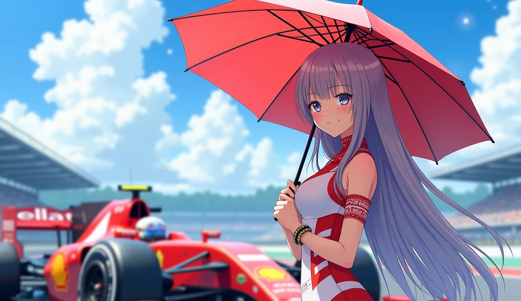 F1 Race Circuit。One young Japanese race queen。Standing with a parasol in front of a race car。The costume you're wearing、separate。I have a bangle on my arm。Background、Sparkling in the summer sun。Anime Style。