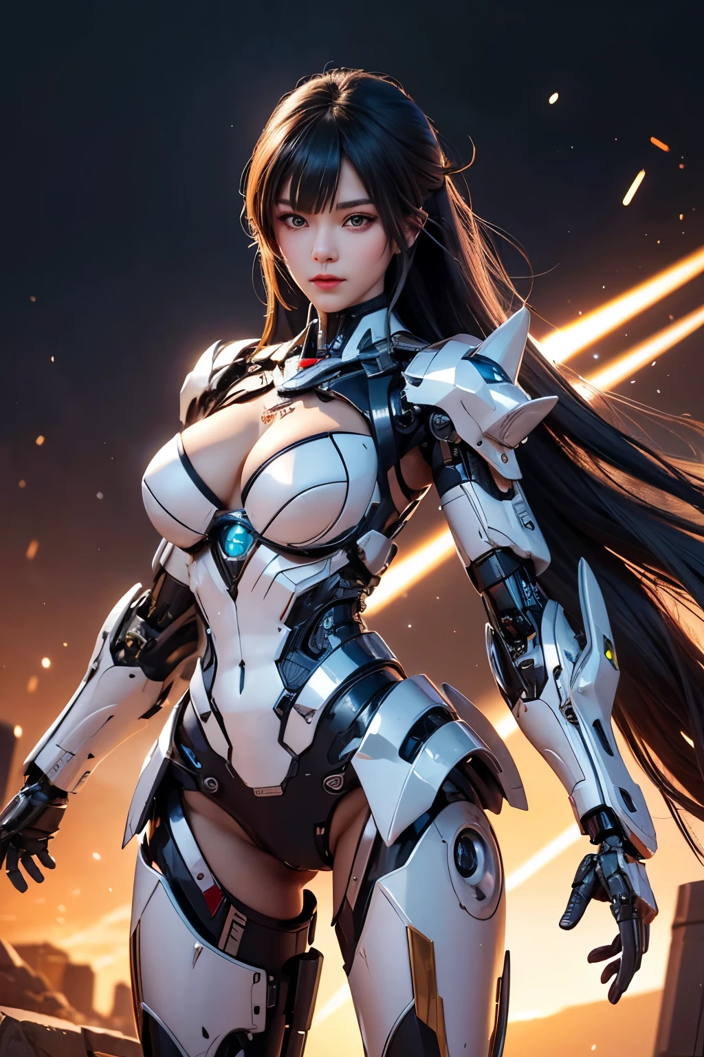 Textured skin, Super Detail, high details, High quality, Best Quality, hight resolution, 1080p, hard disk, Beautiful,(cyborgs),beautiful cyborg woman,Mecha Cyborg Girl,Battle Mode,Girl with a Mecha Body,Able to launch missiles from the chest,You can shoot a machine gun from both hands