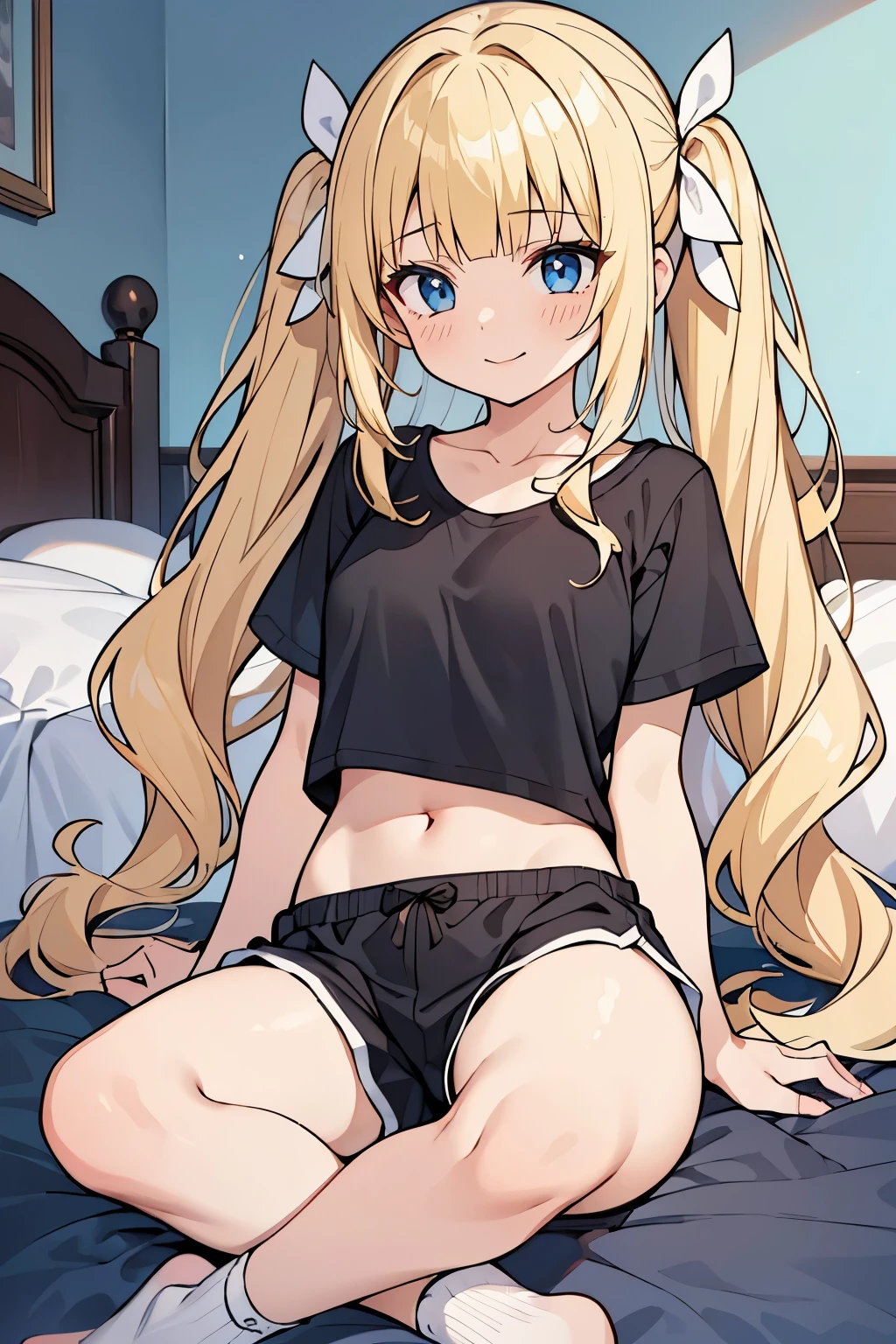 masterpiece, solo girl, (young female body:1.4), (small breasts), cowboy shot, flustered, yellow golden hair, extra gold long hair, thick wavy hair, hime cut, blunt bangs, crystal blue eyes, light blue detailed eyes, bedroom background, black and white pyjamas, socks, black pyjama pants, short sleeping shorts, black tank top, short oversized black top, crop top, short sleeves, wavy curly voluminous twintails, huge low twin tails, voluminous curly hair, butterfly sitting, crossed legs, white ribbon, tilted head