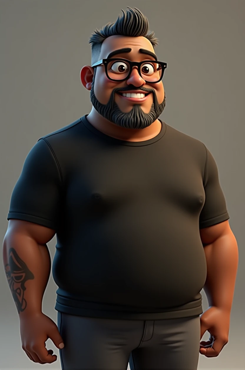 Cartoon character of a middle-aged black man with short hair pinned behind, wearing black glasses. Stylized character, animation style rendering, 3D stylized, Arnold Maya render, 3D stylized render, toon render Keyshot, 3D character, 3D stylized rendering, cartoon character, character close-up, character pose, Pixar style, high quality, cinematic lighting, sharp focus, detailed texture, detailed skin, clay, bokeh, 8K. The man should have the following characteristics: Middle-aged man with a large, slightly overweight build, hands casually relaxed. His skin tone is dark brown with a warm undertone. He has two prominent vertical wrinkles between his eyebrows. His beard has white hairs on the chin while the rest of the beard is black and gray. His hair is shaved on the sides and short on top, styled to the side. He wears modern black glasses. His eyebrows are thick and well-defined, and his eyes are brown, conveying warmth and friendliness. The man is dressed in an oversized black t-shirt and dark gray pants without a belt. Incorporate the following ancestry characteristics: 43% European (17% Iberian and 17% Western European, including Germany, France, and the Netherlands), 4% Sephardic Jewish, 3% Fennoscandian, less than 2% Balkan and Lapland and Volga-Ural, 41% from the Americas, 9% from the Middle East and Maghreb, and 7% from Africa.
Seed
2701275594