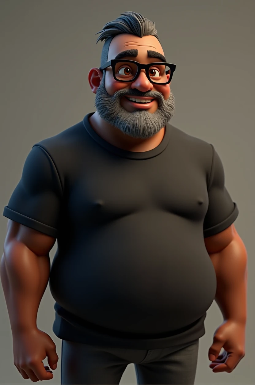 Cartoon character of a middle-aged black man with short hair pinned behind, wearing black glasses. Stylized character, animation style rendering, 3D stylized, Arnold Maya render, 3D stylized render, toon render Keyshot, 3D character, 3D stylized rendering, cartoon character, character close-up, character pose, Pixar style, high quality, cinematic lighting, sharp focus, detailed texture, detailed skin, clay, bokeh, 8K. The man should have the following characteristics: Middle-aged man with a large, slightly overweight build, hands casually relaxed. His skin tone is dark brown with a warm undertone. He has two prominent vertical wrinkles between his eyebrows. His beard has white hairs on the chin while the rest of the beard is black and gray. His hair is shaved on the sides and short on top, styled to the side. He wears modern black glasses. His eyebrows are thick and well-defined, and his eyes are brown, conveying warmth and friendliness. The man is dressed in an oversized black t-shirt and dark gray pants without a belt. Incorporate the following ancestry characteristics: 43% European (17% Iberian and 17% Western European, including Germany, France, and the Netherlands), 4% Sephardic Jewish, 3% Fennoscandian, less than 2% Balkan and Lapland and Volga-Ural, 41% from the Americas, 9% from the Middle East and Maghreb, and 7% from Africa.
Seed
2701275594