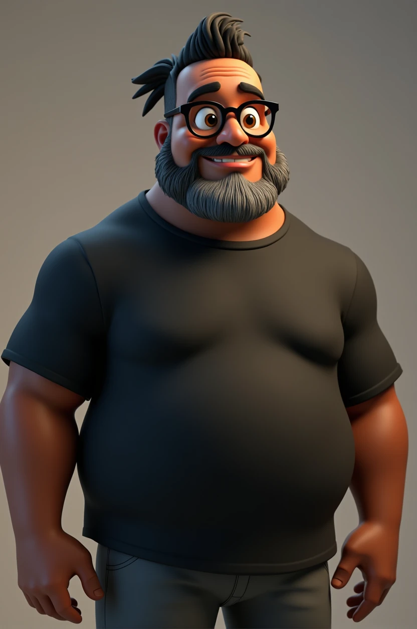 Cartoon character of a middle-aged black man with short hair pinned behind, wearing black glasses. Stylized character, animation style rendering, 3D stylized, Arnold Maya render, 3D stylized render, toon render Keyshot, 3D character, 3D stylized rendering, cartoon character, character close-up, character pose, Pixar style, high quality, cinematic lighting, sharp focus, detailed texture, detailed skin, clay, bokeh, 8K. The man should have the following characteristics: Middle-aged man with a large, slightly overweight build, hands casually relaxed. His skin tone is dark brown with a warm undertone. He has two prominent vertical wrinkles between his eyebrows. His beard has white hairs on the chin while the rest of the beard is black and gray. His hair is shaved on the sides and short on top, styled to the side. He wears modern black glasses. His eyebrows are thick and well-defined, and his eyes are brown, conveying warmth and friendliness. The man is dressed in an oversized black t-shirt and dark gray pants without a belt. Incorporate the following ancestry characteristics: 43% European (17% Iberian and 17% Western European, including Germany, France, and the Netherlands), 4% Sephardic Jewish, 3% Fennoscandian, less than 2% Balkan and Lapland and Volga-Ural, 41% from the Americas, 9% from the Middle East and Maghreb, and 7% from Africa.
Seed
2701275594
