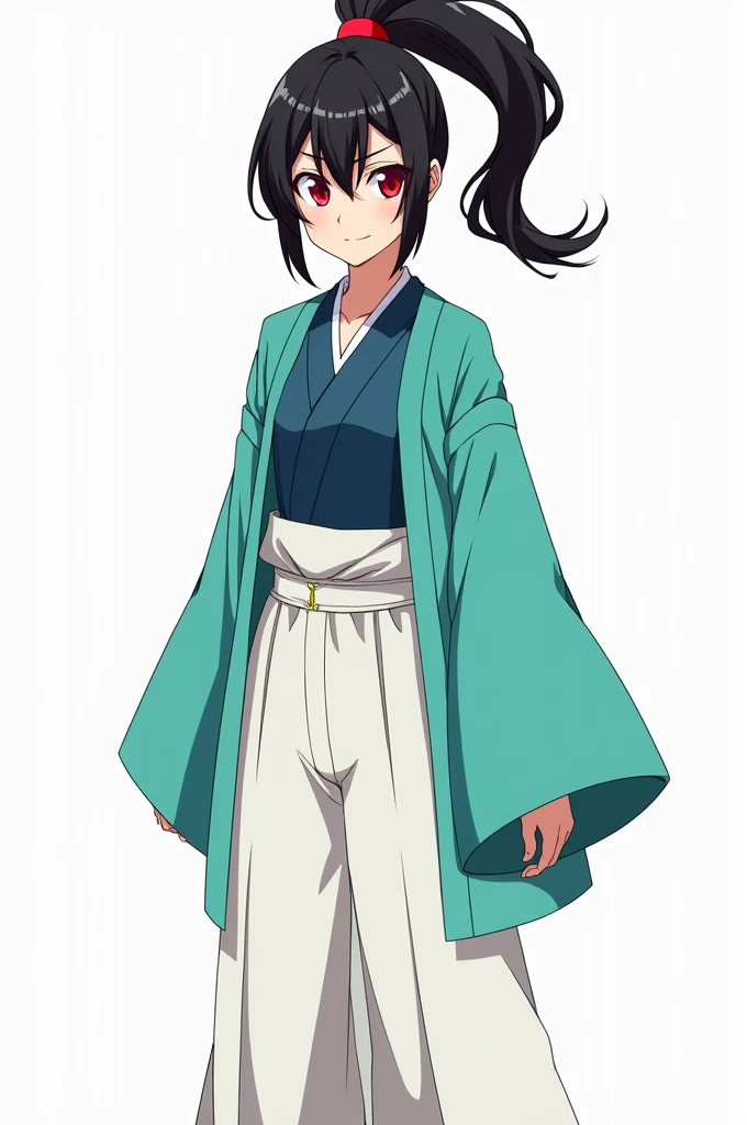 Create a full body image in the style of the Demon Slayer anime of a 19-year-old girl, with black hair and red highlights, tied in a high ponytail with a bright red ribbon, bright red eyes and a serious face. That she is dressed in a white Japanese hakama style pants, with an aqua blue juban and an aqua green ahori