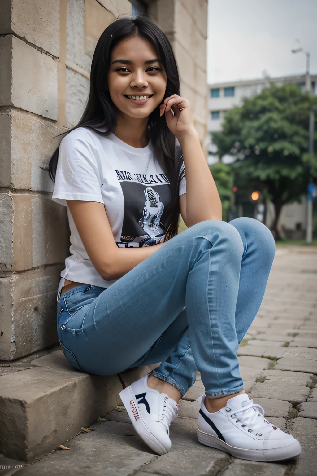 22 years old, girl, white stripes t-shirt, blue skinny jeans, black hair, indonesian girl, smile, with sneaker, university
