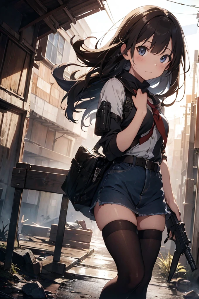 holding_gun, assault_rifle, Very detailed, Brown Hair, Anime Style, whole body, alone, Stylish Gunfighter Girl, Holding a steampunk long barrel pistol,Standing in the wasteland, 8K high resolution, White Background, In the spotlight, The background is a dark and desolate landscape, Horror movie atmosphere. Her figure is very beautiful, Emphasizing the dark and crazy elements. Skillfully expressing the effects of light and shadow