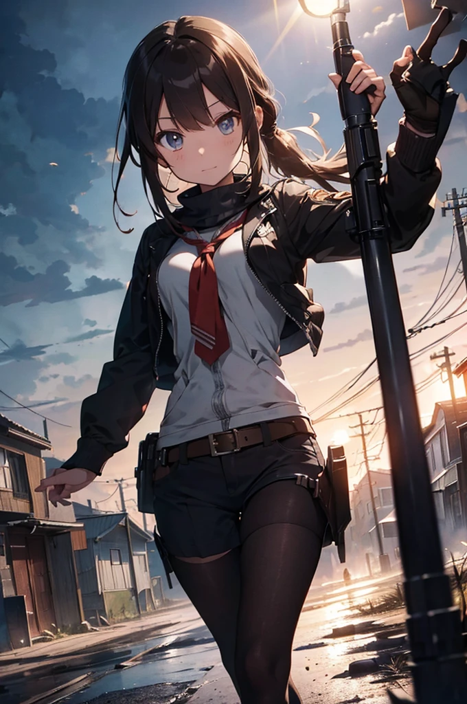 holding_gun, assault_rifle, Very detailed, Brown Hair, Anime Style, whole body, alone, Stylish Gunfighter Girl, Holding a steampunk long barrel pistol,Standing in the wasteland, 8K high resolution, White Background, In the spotlight, The background is a dark and desolate landscape, Horror movie atmosphere. Her figure is very beautiful, Emphasizing the dark and crazy elements. Skillfully expressing the effects of light and shadow