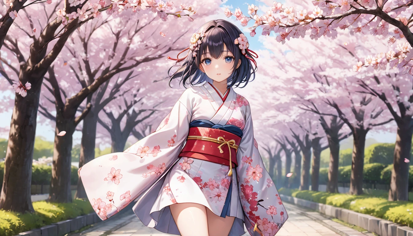 masterpiece,Very detailed,Highest quality,8k,figure,Ultra detailed face,Cute Face,Beautiful Skin ,Shiny Hair,girl,Very detailed-eyes, Cowboy Shot, Cherry Blossom,(Shortcuts、Hime cut)
jyojifuku, Long-sleeved kimono, In the same way, Floral print, hair ornaments, boots