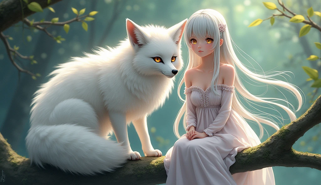 1girll,solo,(tmasterpiece:1.2),beautifuldetails,Extremely colorful,Exquisite details,s delicate face,eyes with brightness,The details are complex,Realiy,Ultra photo realsisim,A very beautiful girl and a white-haired fox sitting on a branch:1.1,Large breasts,Raised sexy,seductiv,ethereal fox,nine tail fox,Fox three-tailed fox,nine tails,red fox,Beautiful digital artwork,mizutsune , Inspired by the mythical creature wildnet, strong lights,hight contrast,The art of fine arts,Perfect visual composition。nsfw, huge boob, realistic photo