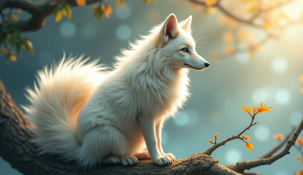 1girll,solo,(tmasterpiece:1.2),beautifuldetails,Extremely colorful,Exquisite details,s delicate face,eyes with brightness,The details are complex,Realiy,Ultra photo realsisim,A very beautiful girl and a white-haired fox sitting on a branch:1.1,Large breasts,Raised sexy,seductiv,ethereal fox,nine tail fox,Fox three-tailed fox,nine tails,red fox,Beautiful digital artwork,mizutsune , Inspired by the mythical creature wildnet, strong lights,hight contrast,The art of fine arts,Perfect visual composition。nsfw, huge boob, realistic photo