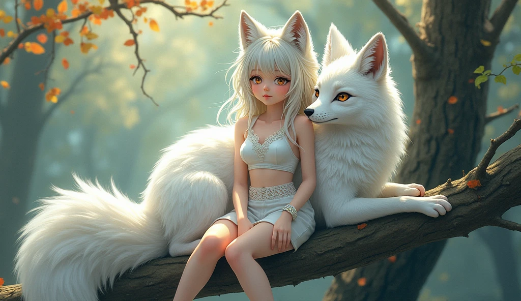 1girll,solo,(tmasterpiece:1.2),beautifuldetails,Extremely colorful,Exquisite details,s delicate face,eyes with brightness,The details are complex,Realiy,Ultra photo realsisim,A very beautiful girl and a white-haired fox sitting on a branch:1.1,Large breasts,Raised sexy,seductiv,ethereal fox,nine tail fox,Fox three-tailed fox,nine tails,red fox,Beautiful digital artwork,mizutsune , Inspired by the mythical creature wildnet, strong lights,hight contrast,The art of fine arts,Perfect visual composition。nsfw, huge boob, realistic photo