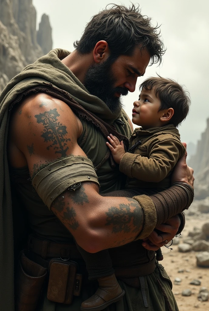 there is a man holding a child in his arms, (fire), ainda de um filme live action, ainda do filme, Filmado do filme de Danis Villeneuve, cena do filme live action, cena poderosa, film still image, Filmado do filme, Briga, jason momoa as assyrian, filme ainda dnd, filme ainda do filme