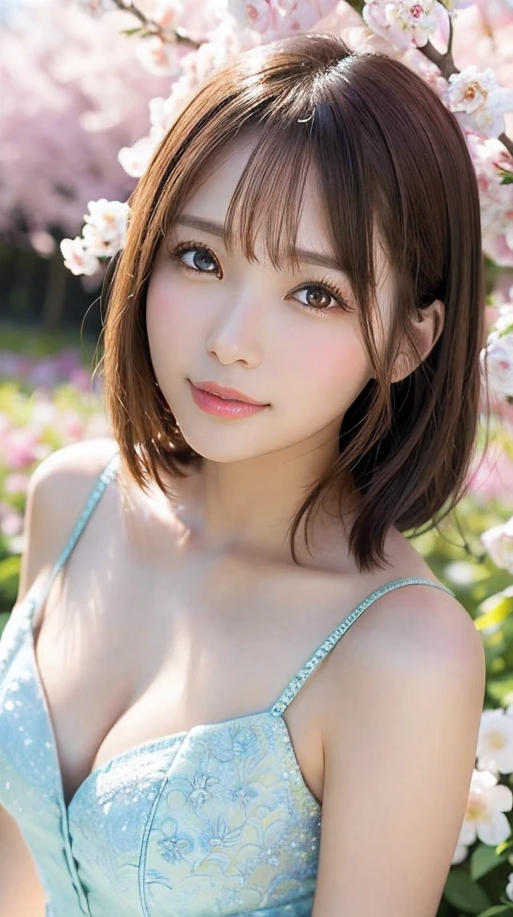 (Tabletop、Highest quality、8k、Award-winning works、Ultra-high resolution)、One Mature Woman、 (The most elegant and beautiful spring clothes:1.1)、(Background of a flower field with countless blooming flowers:1.1)、(The background is a colorful flower field:1.1)、(Perfect Anatomy:1.1)、Face close-up、Shiny and beautiful hair、Ultra HD sparkling brown eyes、(Glowing Beautiful Skin:1.1)、(Very Bright Glowing Beautiful Skin:1.1)、Beautiful glossy lips、The most romantic love mood(very bright and vivid:1.1)、(very bright and vivid:1.1)