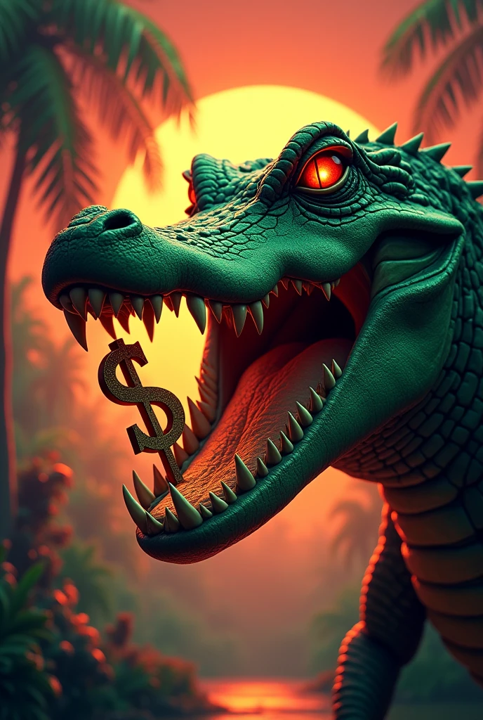 Crocodile head, Green,red eye,Dollar Symbol im Maul,palm trees, sun set