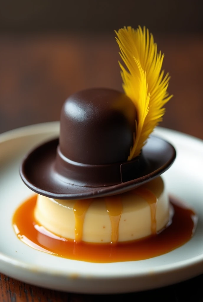 Plate containing a small caramel dessert with a black swordsman&#39;s hat with yellow feather made of chocolate.