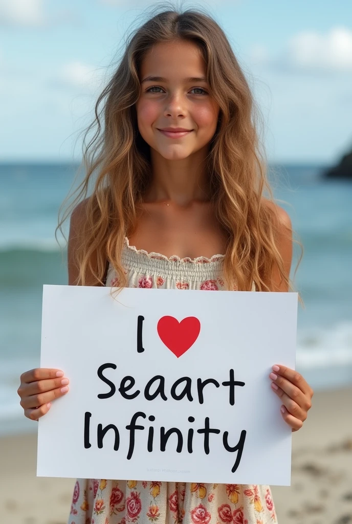 Beautiful girl with wavy long hair, bohemian dress, holding a white board with text "I Love Seaart Infinity" and showing it to the viewer