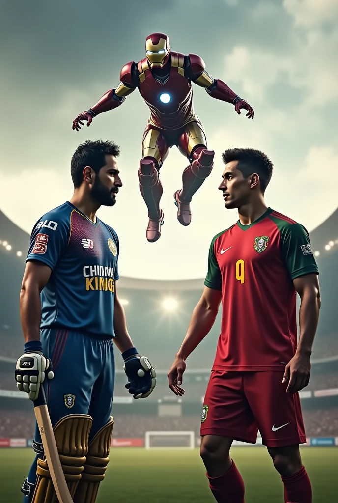 Create a image with ms dhoni in csk jersey, c.ronaldo in Portugal jersey and iron man in mark 80