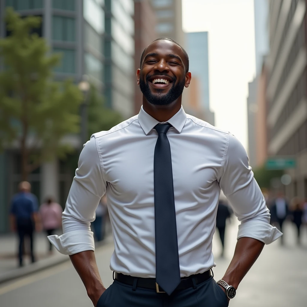 Hyper realistic Image of an African-American male outdoors office worker, smiling and excited about Friday