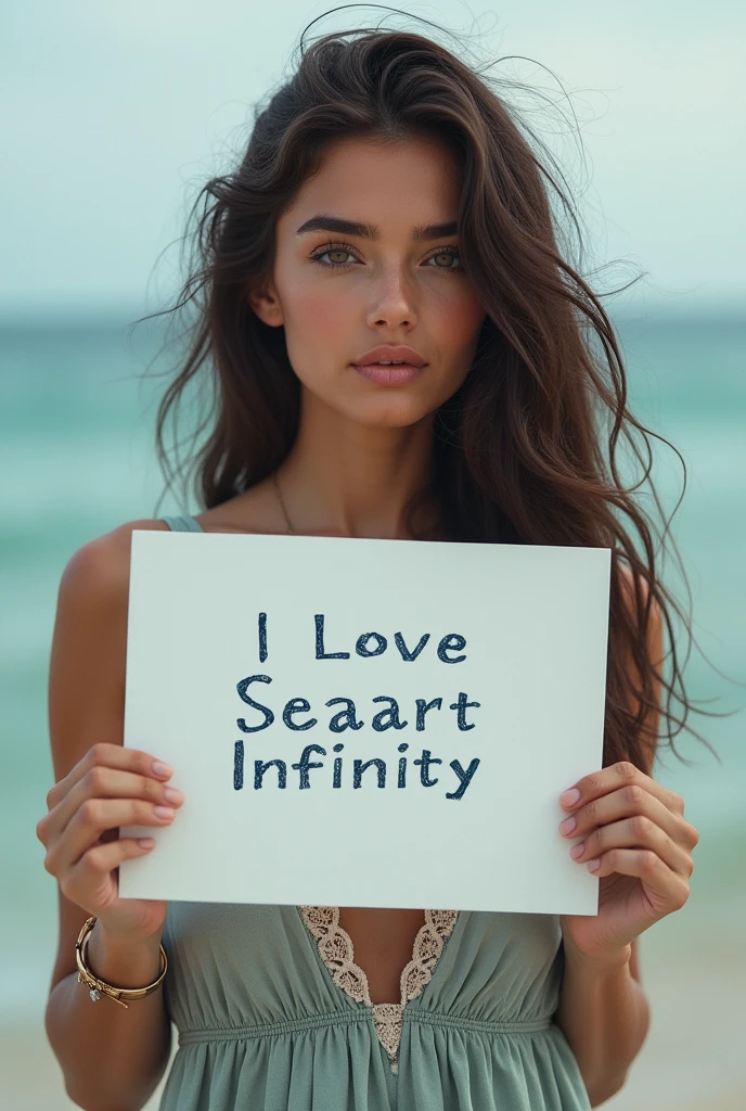 Beautiful girl with wavy long hair, bohemian dress, holding a white board with text "I Love Seaart Infinity" and showing it to the viewer