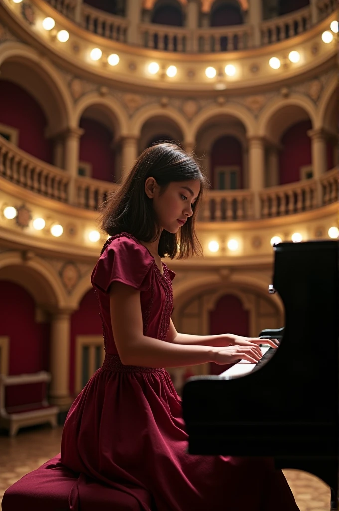 A girl playing the piano at the municipal theater of Cusco. That she is wearing a wine-colored dress, not so light but not dark skin, shoulder-length hair, and that it is a photo that looks real and not.fake taken from the public 