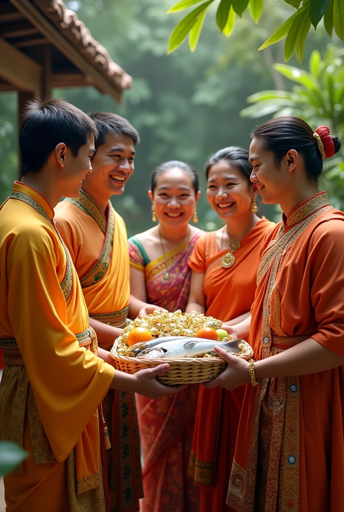 Men wearing Thai clothes Bring fish ,fruit and gold to father and mother wearing Thai clothes.