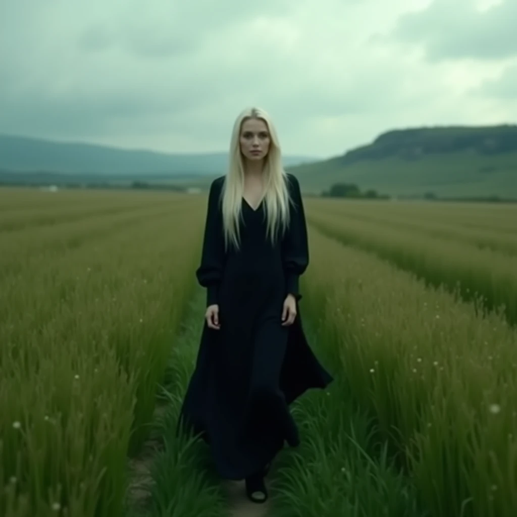 cinematic shot, a beautiful women looking at the camera with long platinum blonde hair with black long dress walking through a green grass field on a cloudy day, realistic, details, texture, shadows, 4k
