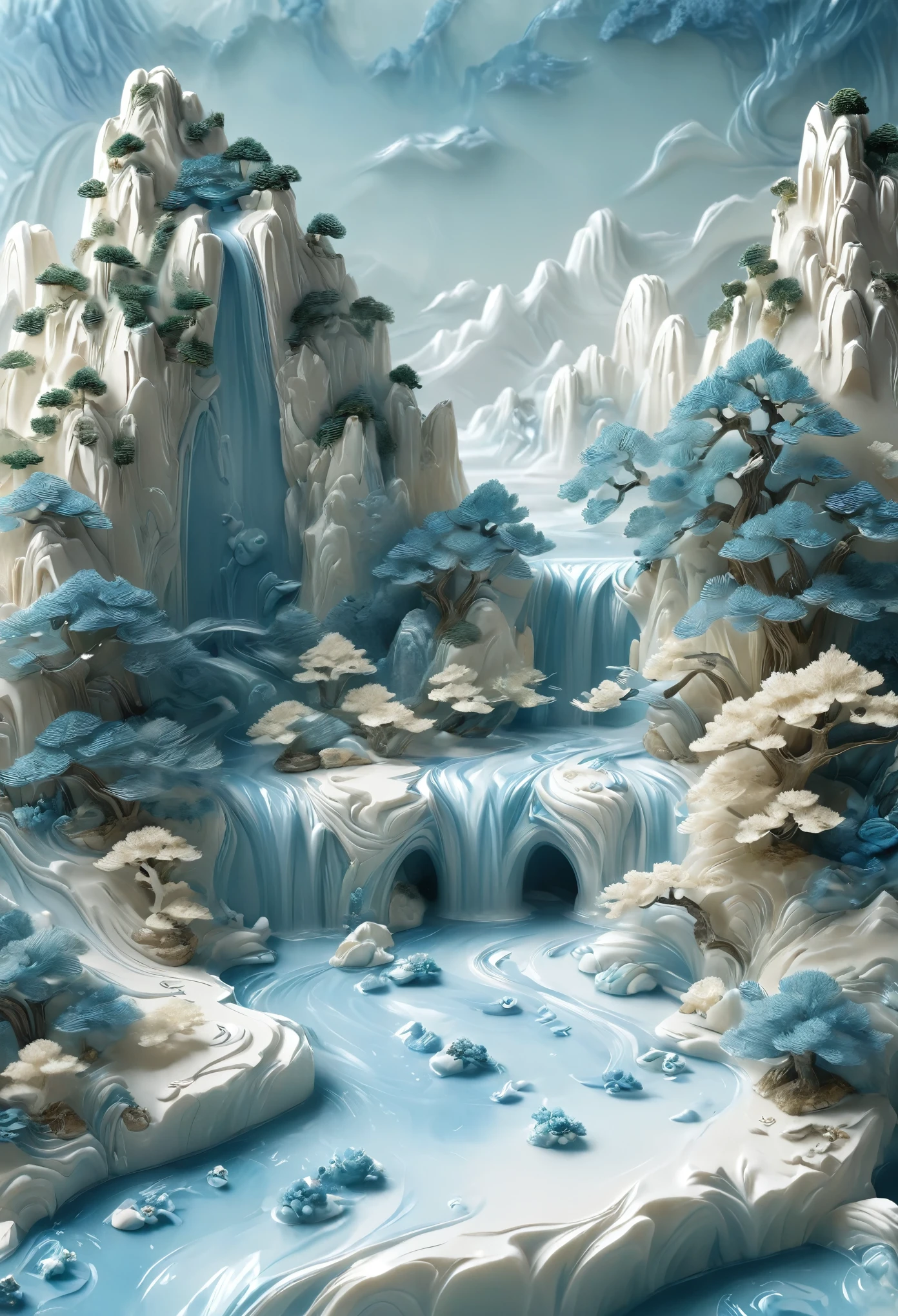 /I Carton, Miniature Landscape, Milk white transparent water, Brand design, Artistic decoration, Chinese Landscape Resin Work Table, Chinese Song Dynasty Landscape Painting, Light beige and light blue color scheme, Surrealistic dreamy style, Organic Cream Fluid, Light-tracked ambient occlusion, Hazy, Natural, Hyper-real, Ultra-realistic, 3D rendering, OC renderer, 8k, HD --s 250
