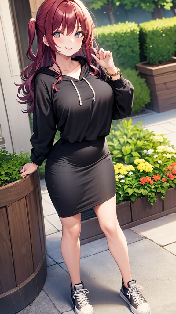 masterpiece, best quality, 1girl, beautiful woman with wavy hair, dark purple hair, large bust, black hoodie, light gray maxi pencil skirt, long gray skirt:1.2, gray business pencil skirt, sneakers, bracelet, summer, garden, backyard, looking at viewer, full body, confident smile,